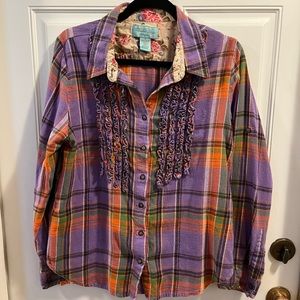 Tasha Polizzi purple plaid shirt with tuxedo ruffles, size XL